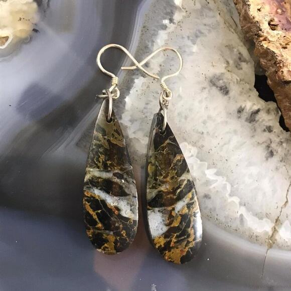 Sterling Silver Elongated Teardrop Black Mizone Slab Dangle Earrings #214 - Picture 1 of 10